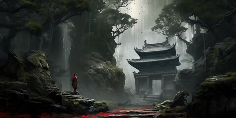 Ethereal Harmony Ancient Temple Tranquility in Japanese Mountains - Fantasy - obrazy, fototapety, plakaty