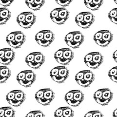 Seamless pattern with funny black monster faces on white background. Hand  drawn vector illustration