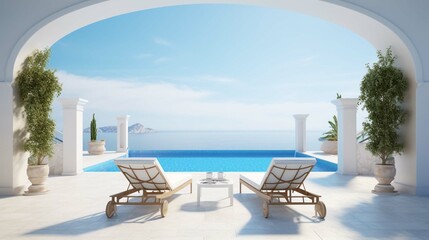 Fototapeta na wymiar Two deck chairs on terrace with pool with stunning sea view. Traditional mediterranean white architecture with arch. Summer vacation concept