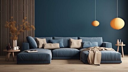 
Two knitted poufs near dark blue corner sofa. Scandinavian home interior design of modern living room.