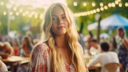 smiling blonde at restaurant table, joyful dining, good warm summer weather, fictional location