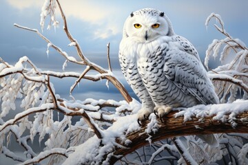 Snowy owl perched on branch, piercing gaze, white feathers blending with wintry background.