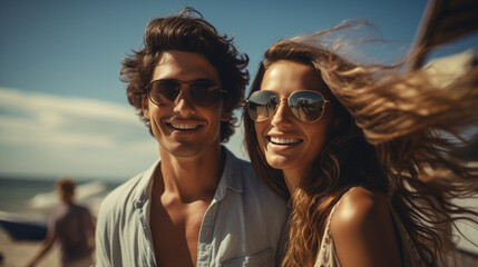 happy couple in sunglasses on beach, bright smiles, perfect day, fictional location
