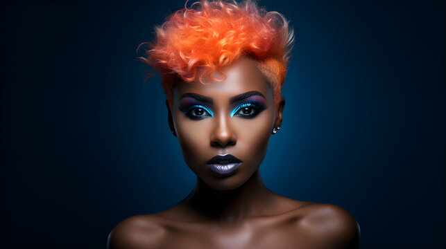 Stylish African woman with bright make up and bright hair