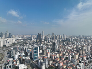 Fototapeta na wymiar Cinematic aerial view of city skyline modern business financial skyscrapers building and shopping mall of Istanbul Turkey
