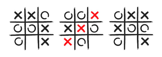 Tic tac toe xo game hand drawn grid doodle template vector illustration set isolated on white background - obrazy, fototapety, plakaty