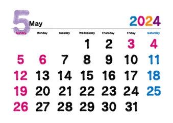 刺繍文字風の2024年5月のカレンダー 日曜始まり