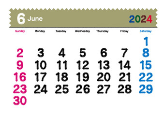 刺繍文字風の2024年6月のカレンダー 日曜始まり