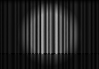 Black curtain background. Spotlight on stage curtain. Theatrical drapes. Wavy velvet background.