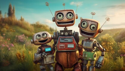 Happy robot family hugging. Robots parents and children together, Two funny robots in city at night. 3D rendering toned image
