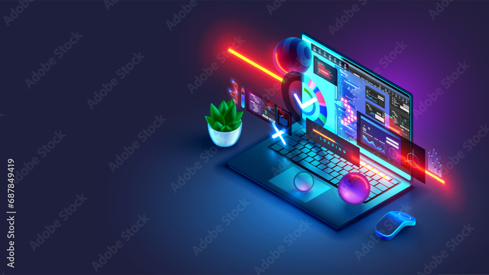 Fototapete Programming, software development computer technology isometric concept. Coding of program, software development on screen laptop. Programming internet website, web design, code app interface.