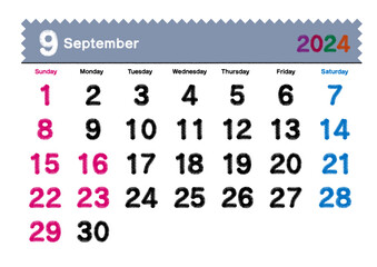 刺繍文字風の2024年9月のカレンダー 日曜始まり