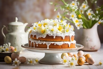 Obraz na płótnie Canvas Tasty sweet Easter bread cake decorated with spring flowers on morning table with easter eggs.