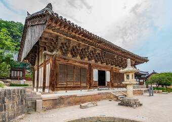 Intricate detail colourful painted patterns in Wooden Korean Temple 