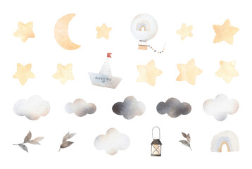 Watercolor illustration, stars, clouds, moon, boat and balloon. Vintage style. Illustration for kids room.