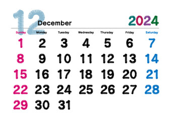 刺繍文字風の2024年12月のカレンダー 日曜始まり