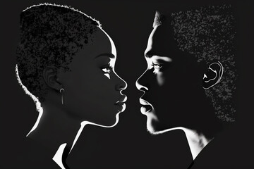 Man and woman silhouette face to face. African Profile Silhouettes. Portrait of romantic couple standing together. two people - woman and man facing each other - relationship, conversation, gender - obrazy, fototapety, plakaty