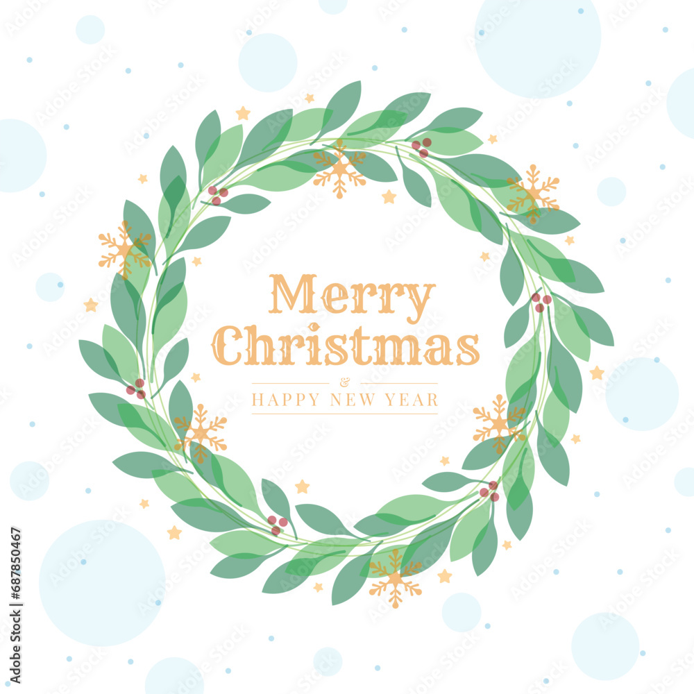 Poster merry christmas and happy new year text in christmas wreath with leaf snow sign roll circle and blue