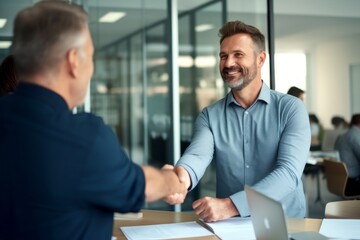 Smiling young Caucasian male employer shake hand congratulate with recruitment millennial man job candidate. Happy businessmen or business partners handshake close deal or get acquainted.