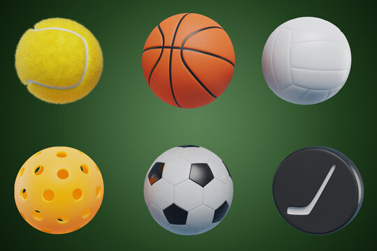 Collection of 3D icons of sports balls, pickleball tennis basketball football hockey volleyball.3D rendering