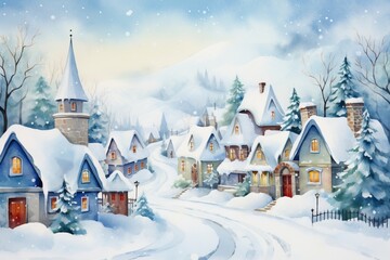 Fototapeta premium Winter village watercolor painting illustration made by generative ai