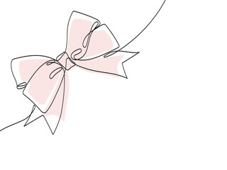 Elegant ribbon bow in continuous line art drawing style. Minimalist black linear sketch isolated on white background.