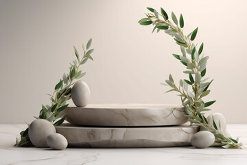 Stone Podium with Olive Branches. Natural Organic Spa Concept - obrazy, fototapety, plakaty