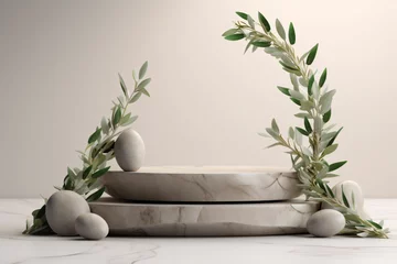 Fotobehang Stone Podium with Olive Branches. Natural Organic Spa Concept © Burin