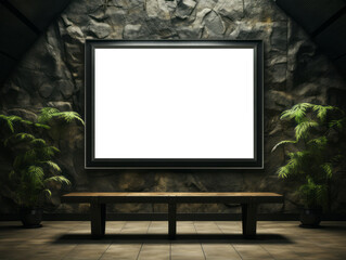 Mockup of a white blank billboard in a dark stone interior with tropical plants. Advertising concept Generative AI