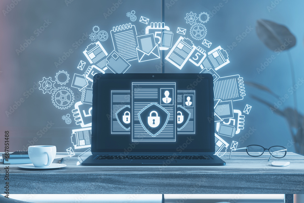 Poster Close up of notebook with creative digital security padlock sketch on concrete wall background. Secure, safety and identification concept. 3D Rendering.