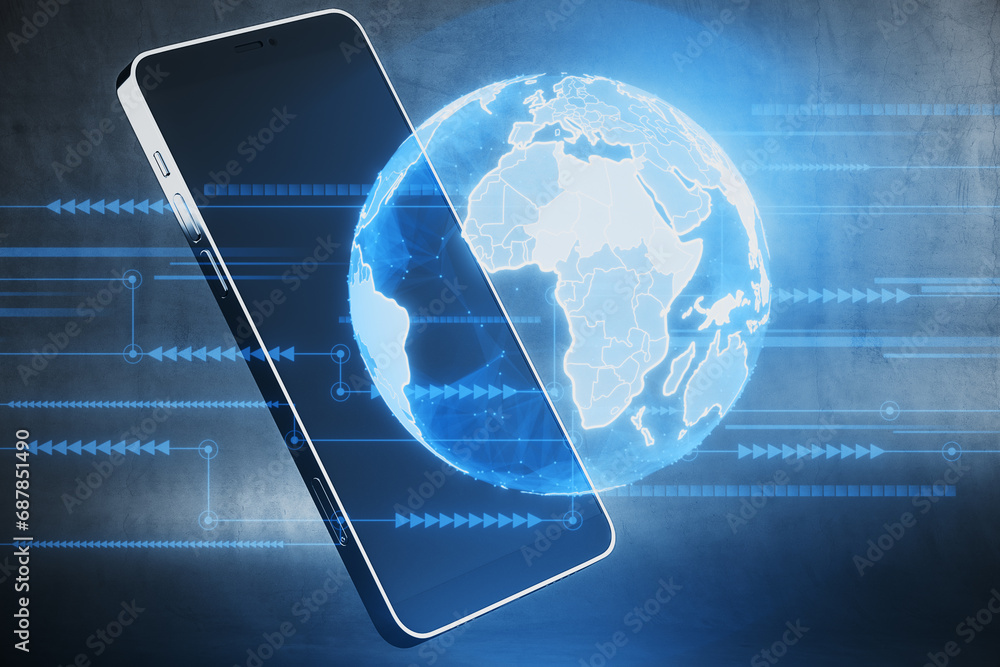Poster Close up of smartphone with bright blue globe hologram and lines on blurry dark background. Metaverse, digital world and network concept. 3D Rendering.