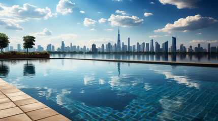 Modern infinity pool on a high-rise building against a city backdrop. Luxury living and travel concept. Generative AI