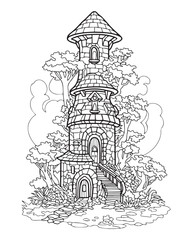 Fairytale castle in forest, black and white coloring, vector illustration