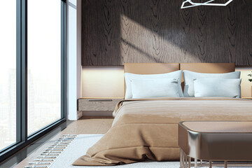 Luxury bedroom interior with panoramic window and city view, king size bed and sunlight. Hotel room concept. 3D Rendering.