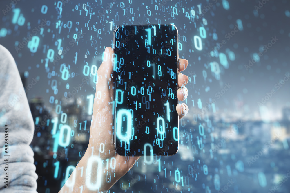 Poster Close up of female hand holding mobile phone with creative binary coding on blurry night city background. Matrix and security concept. Double exposure.