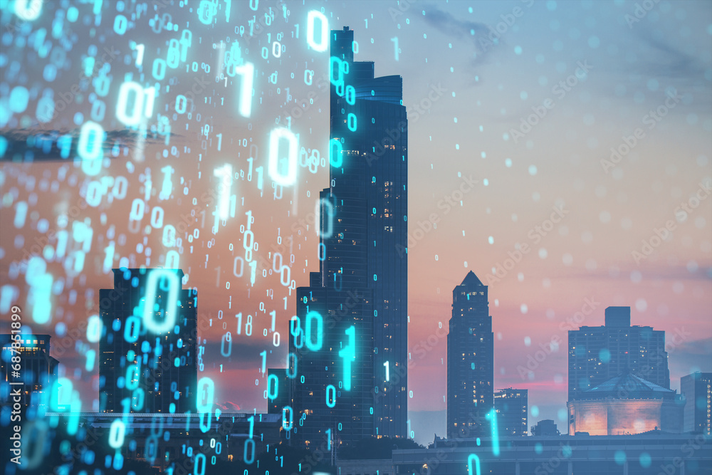 Poster Creative binary coding on blurry night city backdrop. Matrix and security concept. Double exposure.