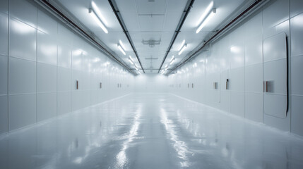 Clean industrial warehouse corridor with glossy white walls and bright fluorescent lighting. Modern design concept. Generative AI