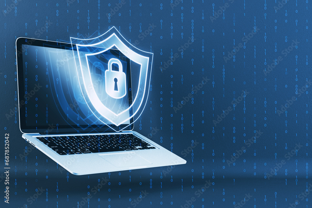 Poster Close up of pc with creative digital security padlock and shield hologram on blurry binary code background. Secure, safety and identification concept. 3D Rendering.