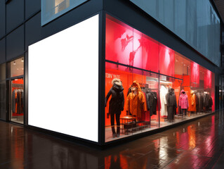 Fashion storefront with large blank billboard at night. Retail advertising concept. Generative AI