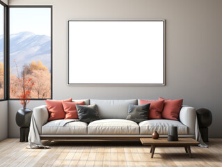 Chic living room with mountain view and autumnal accents. Elegant decor mockup. Generative AI