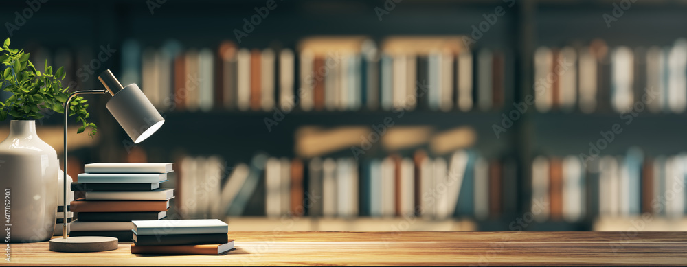 Poster Modern desk setup with lamp and books against a blurred library backdrop. Education and reading concept. 3D Rendering