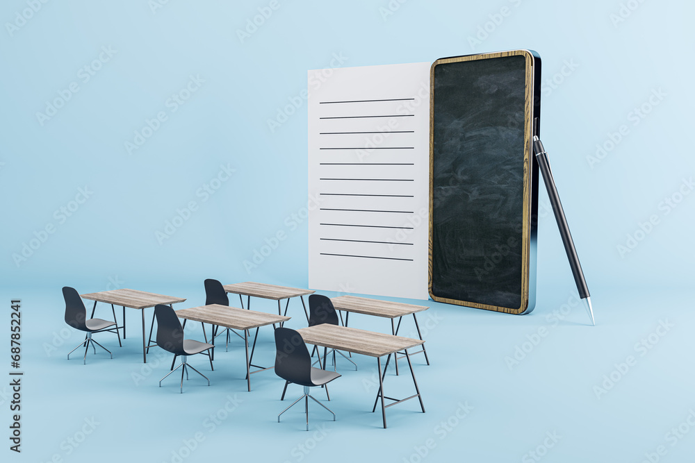 Aufkleber contemporary classroom with oversized notepad and smartphone, interactive education concept. 3d rend