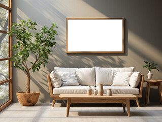 Modern living room with natural light and greenery. Contemporary interior design mockup. Generative AI