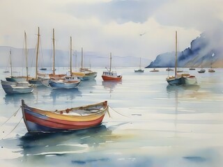 Naklejka premium Acuarela paisaje con barcos