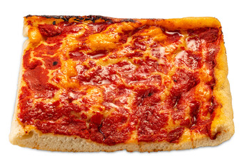 Square slice of pizza with tomato sauce and olive oil isolated