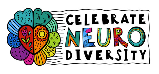 Celebrate neuro diversity. Creative hand-drawn lettering in a pop art style. - obrazy, fototapety, plakaty