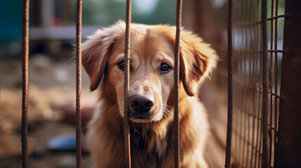 Homeless street puppy in a cage outdoors