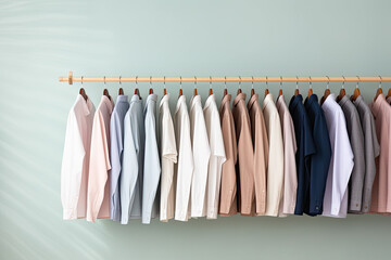 Rack with clean shirts near light wall. Copy space for text