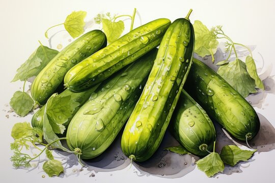 Set of watercolor zucchinis on white. AI Generated