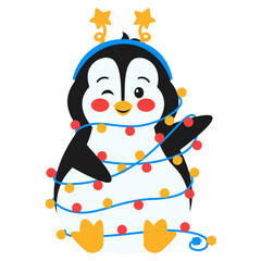 Cute Penguin With Lamp Christmas Illustration